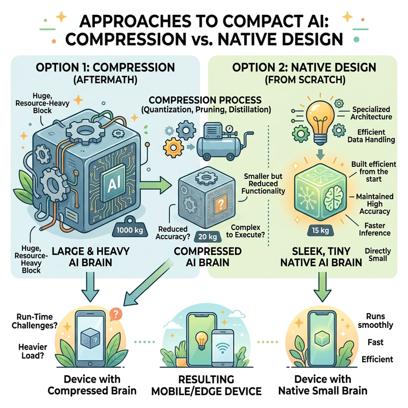 Diagram comparing the post-training compression of a large AI model to the native 1-bit design of a sleek, tiny AI model.