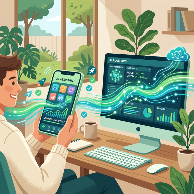 Illustration showing high-speed AI processing smoothly running on both a desktop computer and a smartphone.