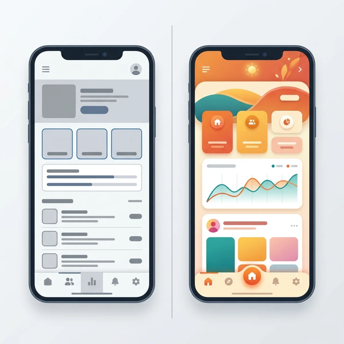Comparison of a dull, default UI with a vibrant, professional UI using a cohesive color palette