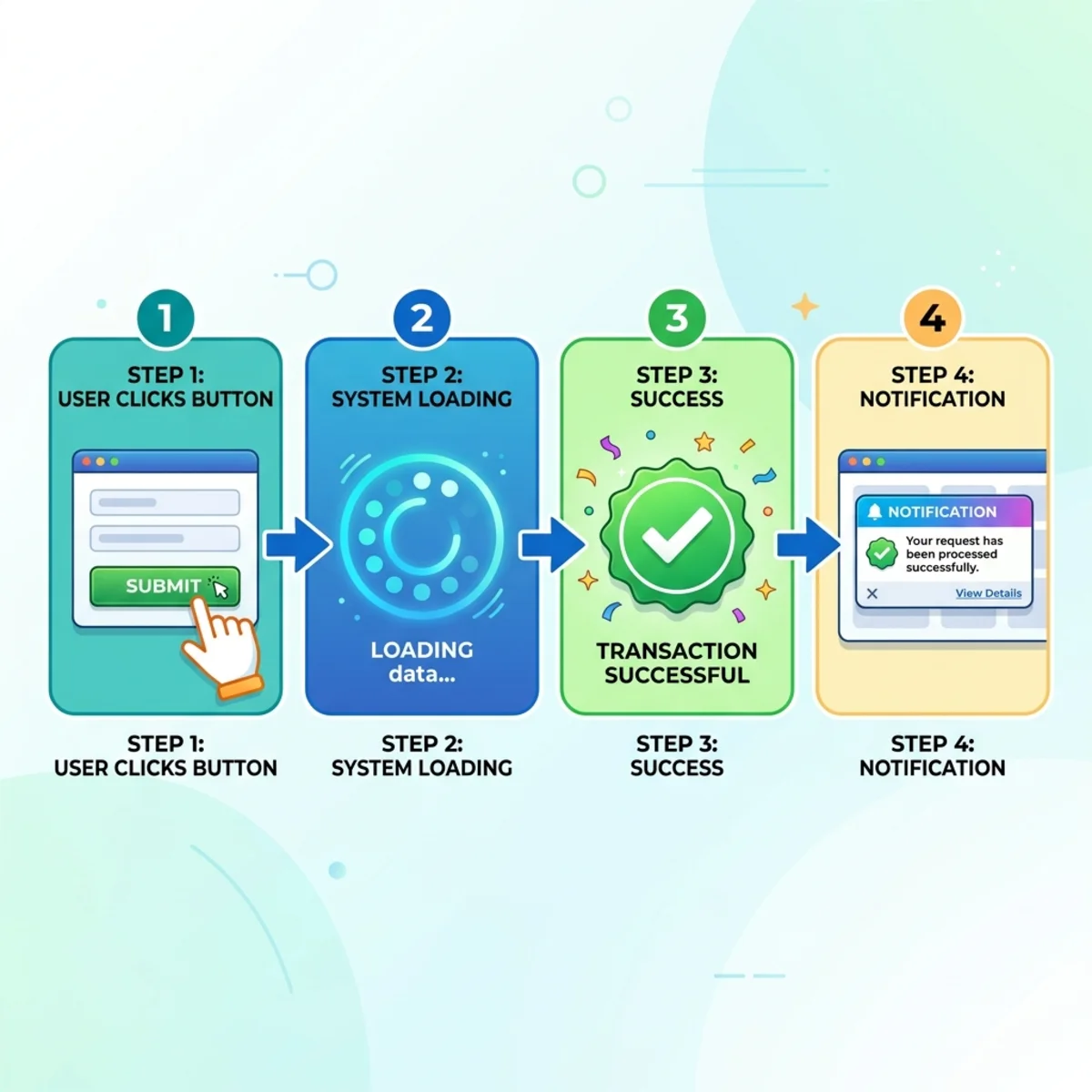 Flowchart showing the progression from clicking a button to a loading state, followed by a success checkmark and a notification