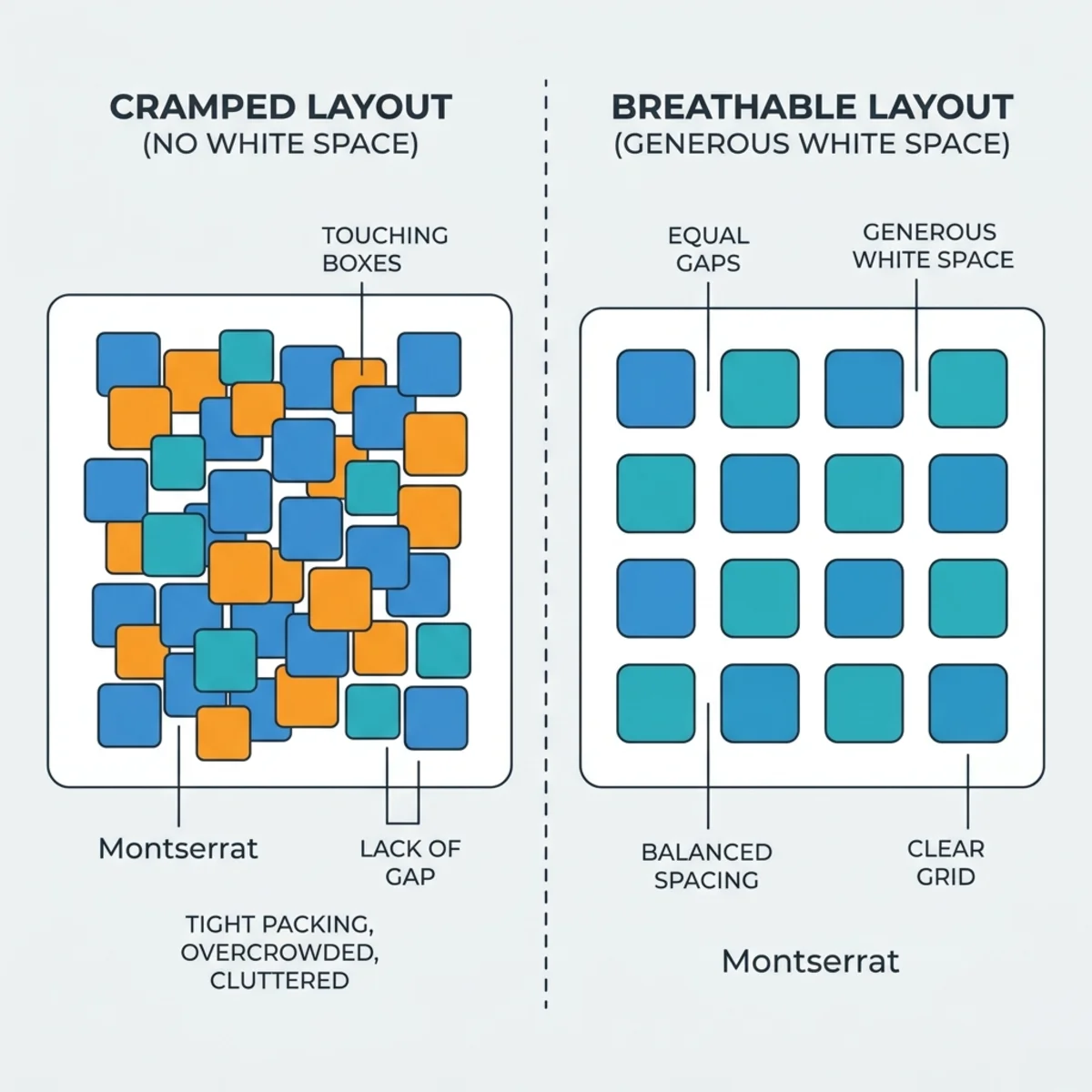 Diagram contrasting a cramped layout with elements touching versus a breathable layout with generous white space
