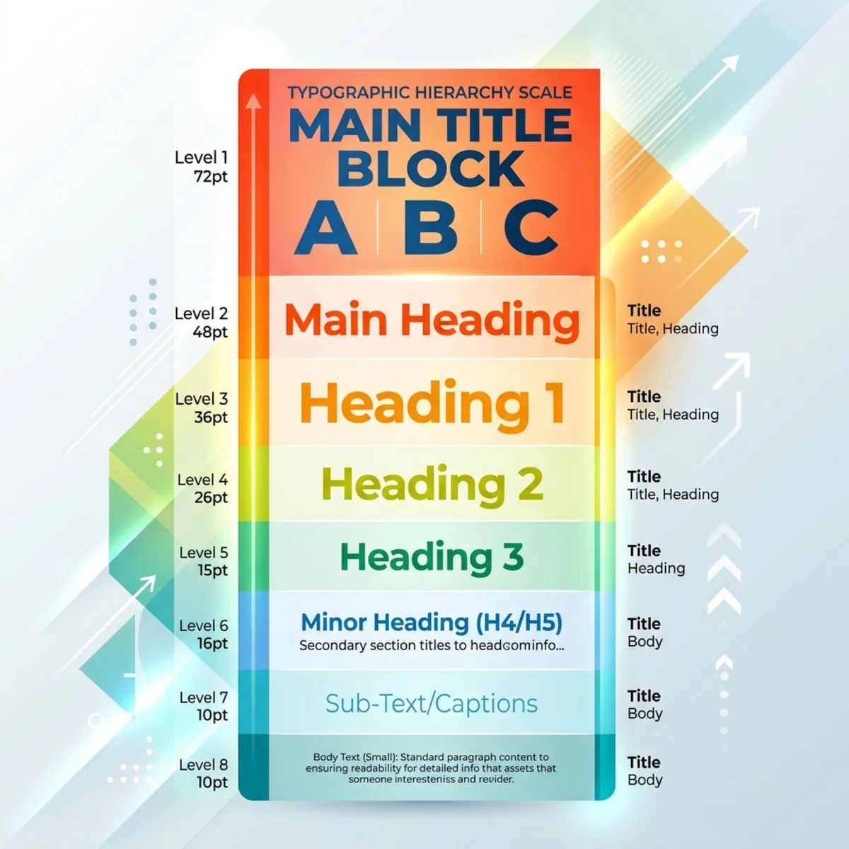 An abstract typographic hierarchy scale showing text sizes graduating from small captions up to a large bold title block