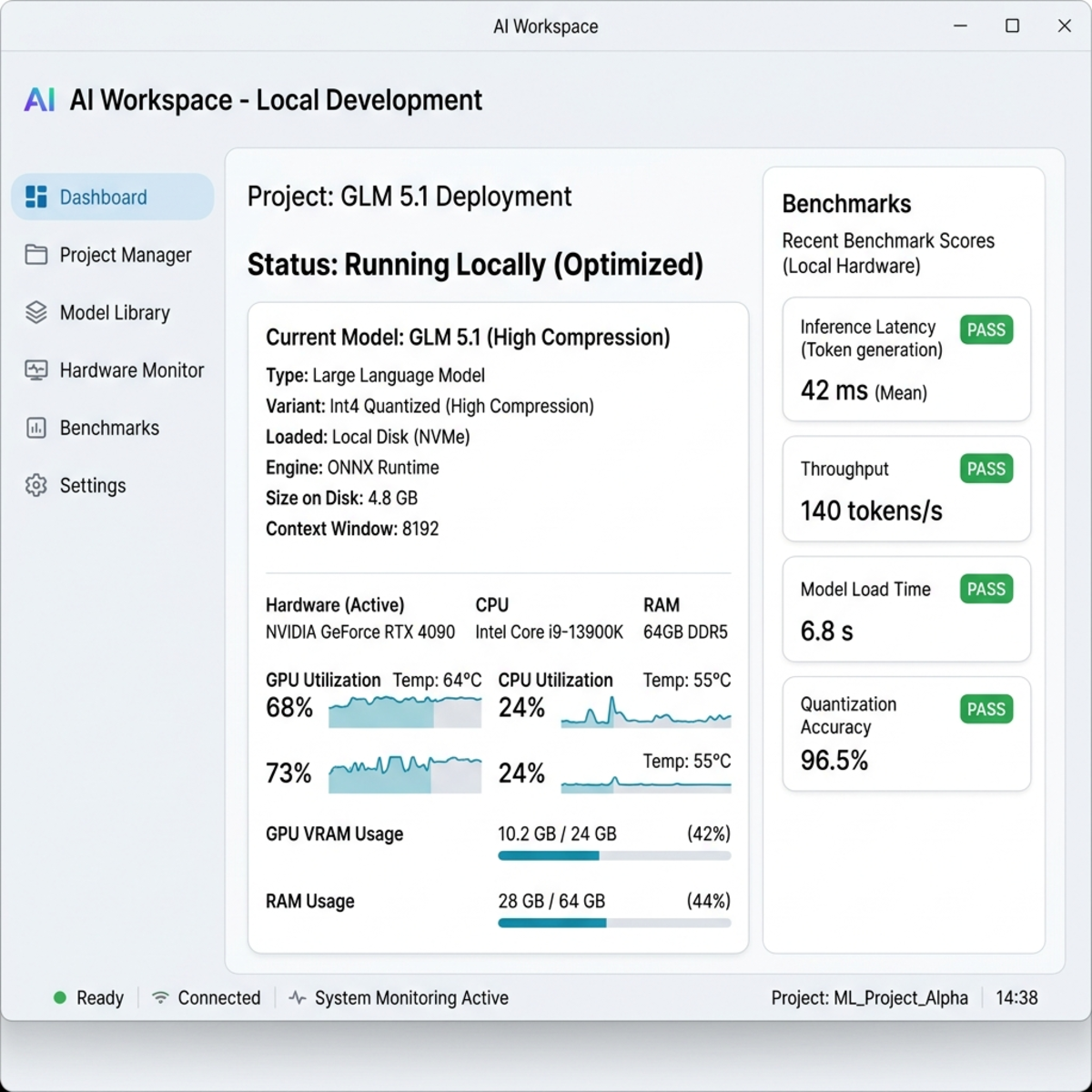 A clean graphical user interface for a local AI tool showing a highly compressed GLM 5.1 model running efficiently on local hardware with passing benchmark scores.