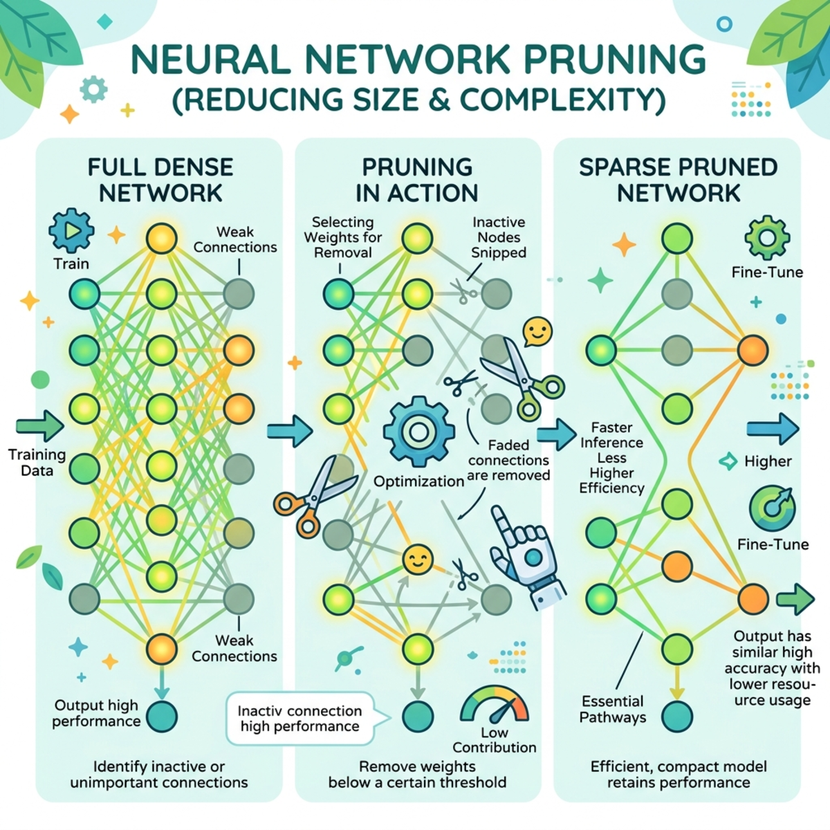 A clear, modern infographic showing neural network pruning, with active nodes glowing and inactive nodes being removed to optimize the model.