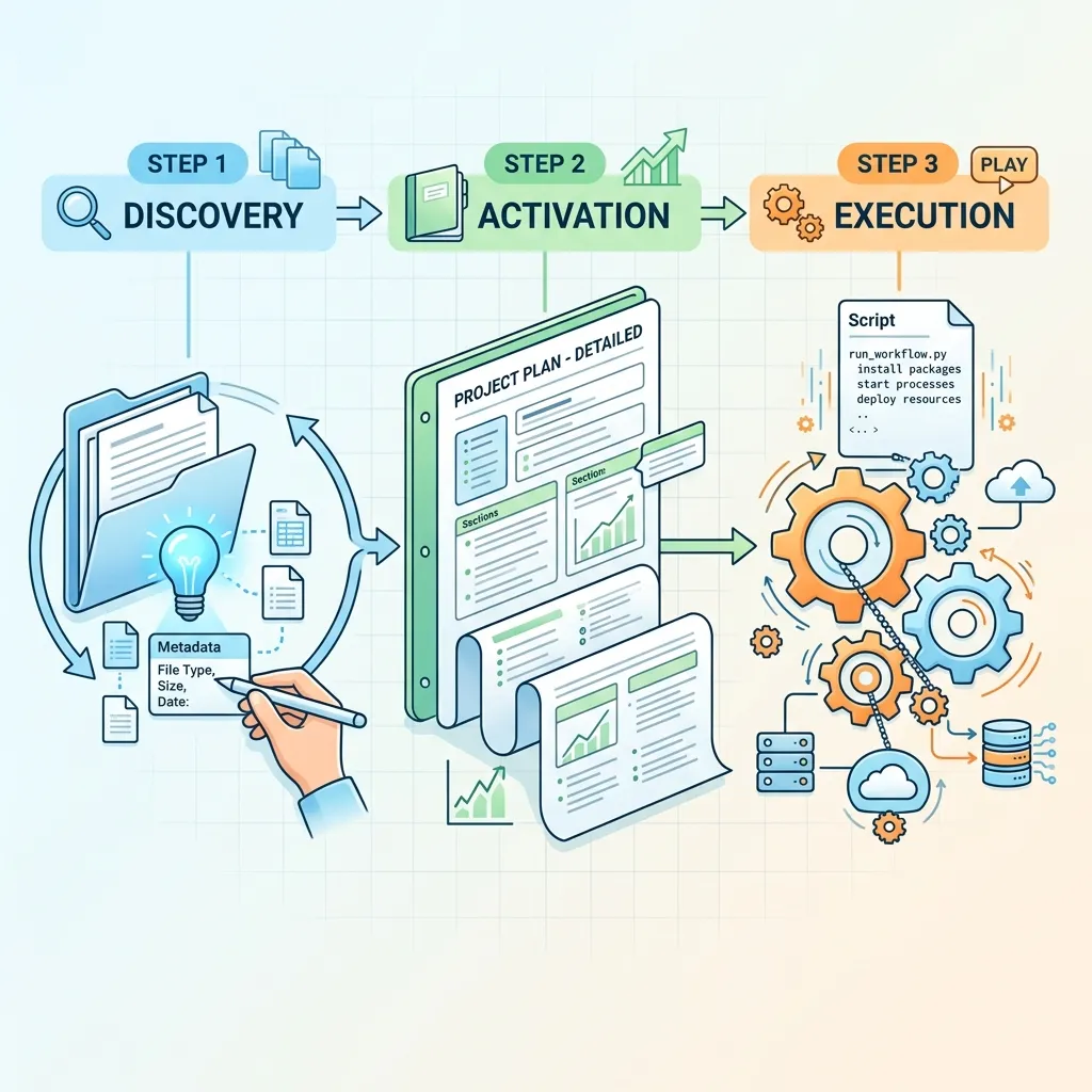 Diagram showing the 3 phases of Progressive Disclosure: Discovery, Activation, and Execution