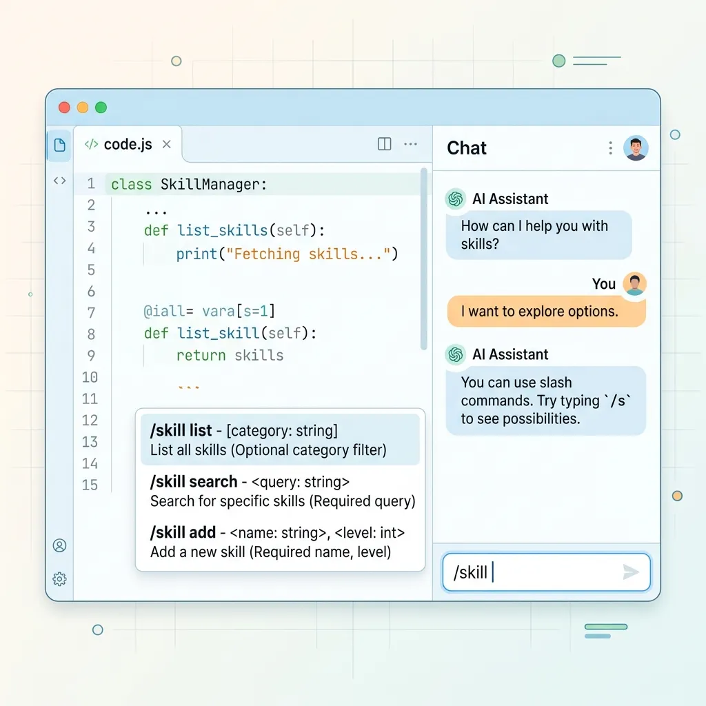 Mock screenshot of an IDE showing a slash command being typed for an Agent Skill with an argument hint popup
