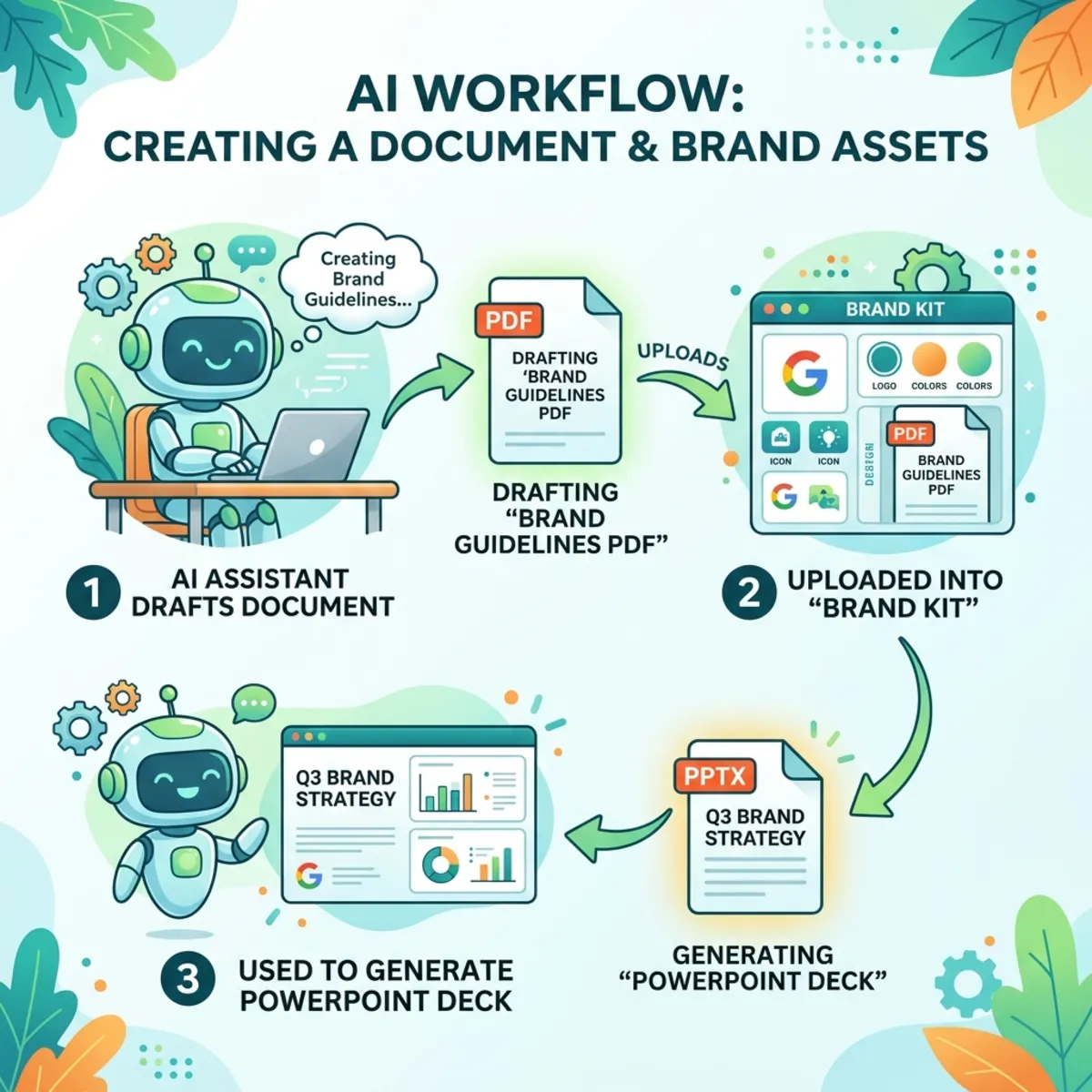 AI workflow showing Cowork drafting guidelines which are uploaded into a Brand Kit and used to generate a presentation