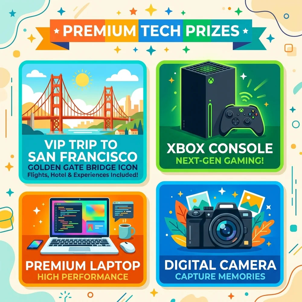 Infographic showing premium tech prizes for the sweepstakes including a VIP trip to San Francisco, an Xbox, a laptop, and a camera
