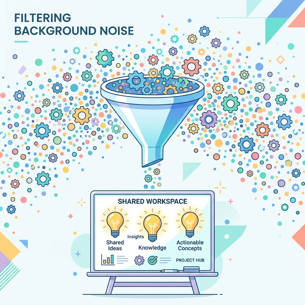 Conceptual diagram showing background noise filtered into a shared workspace whiteboard