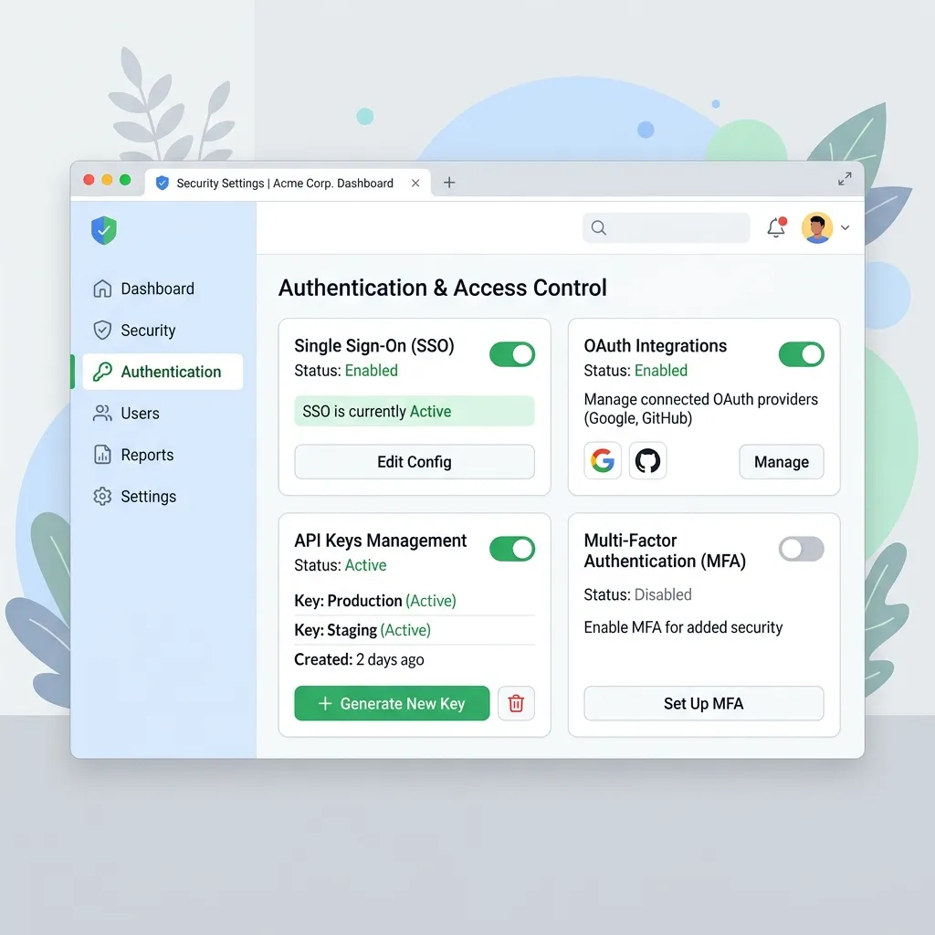 A friendly, bright, modern dashboard showing API Plugin authentication configuration with SSO and OAuth 2.0 toggles securely enabled
