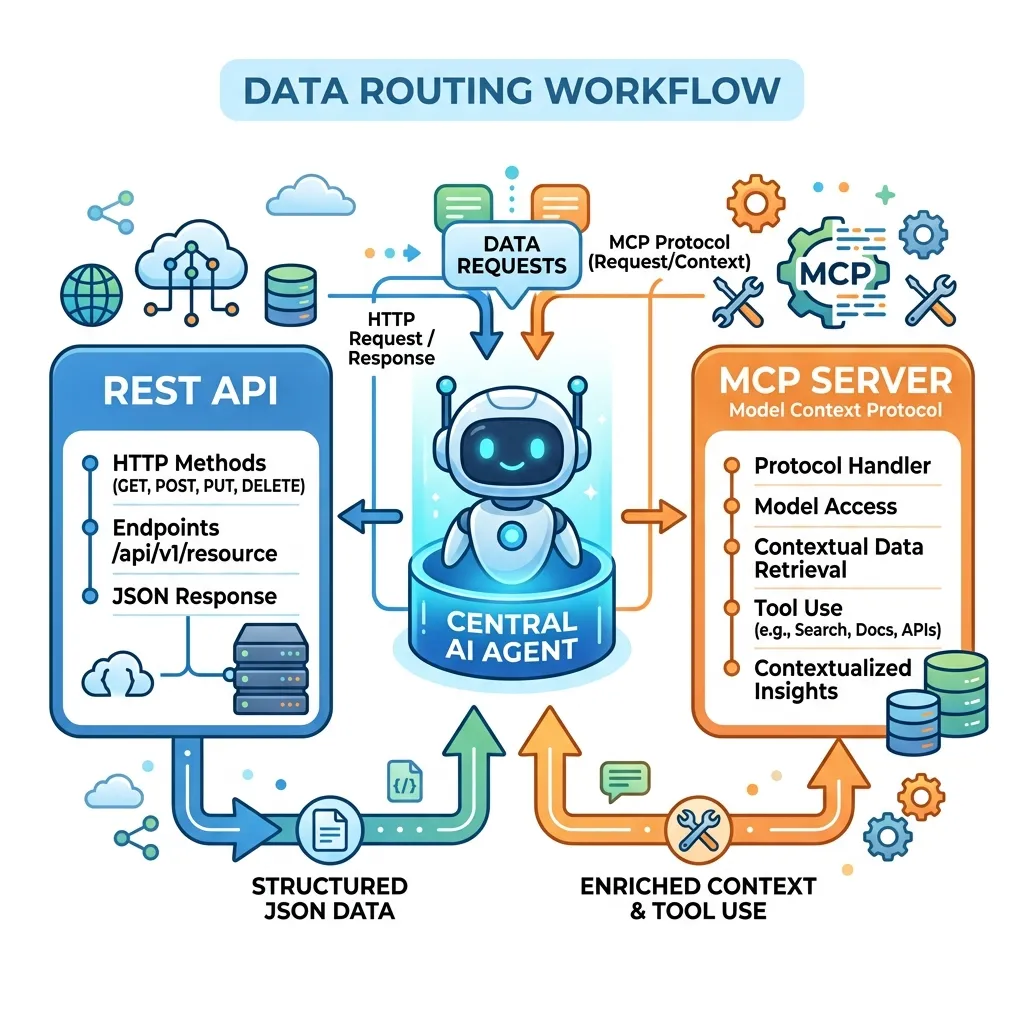 A modern infographic showing a central AI agent intelligently routing requests to both a REST API and an MCP Server simultaneously