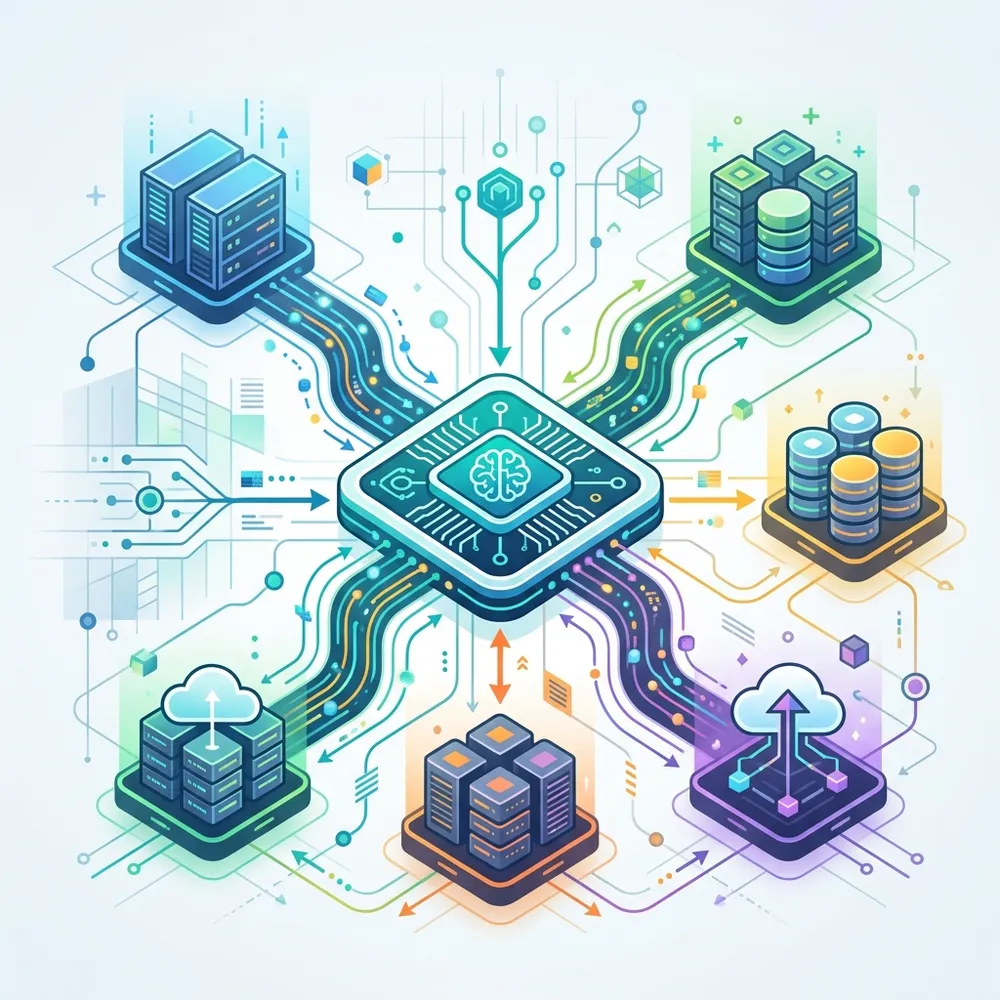 Illustration of MCP architecture connecting an AI hub to various databases