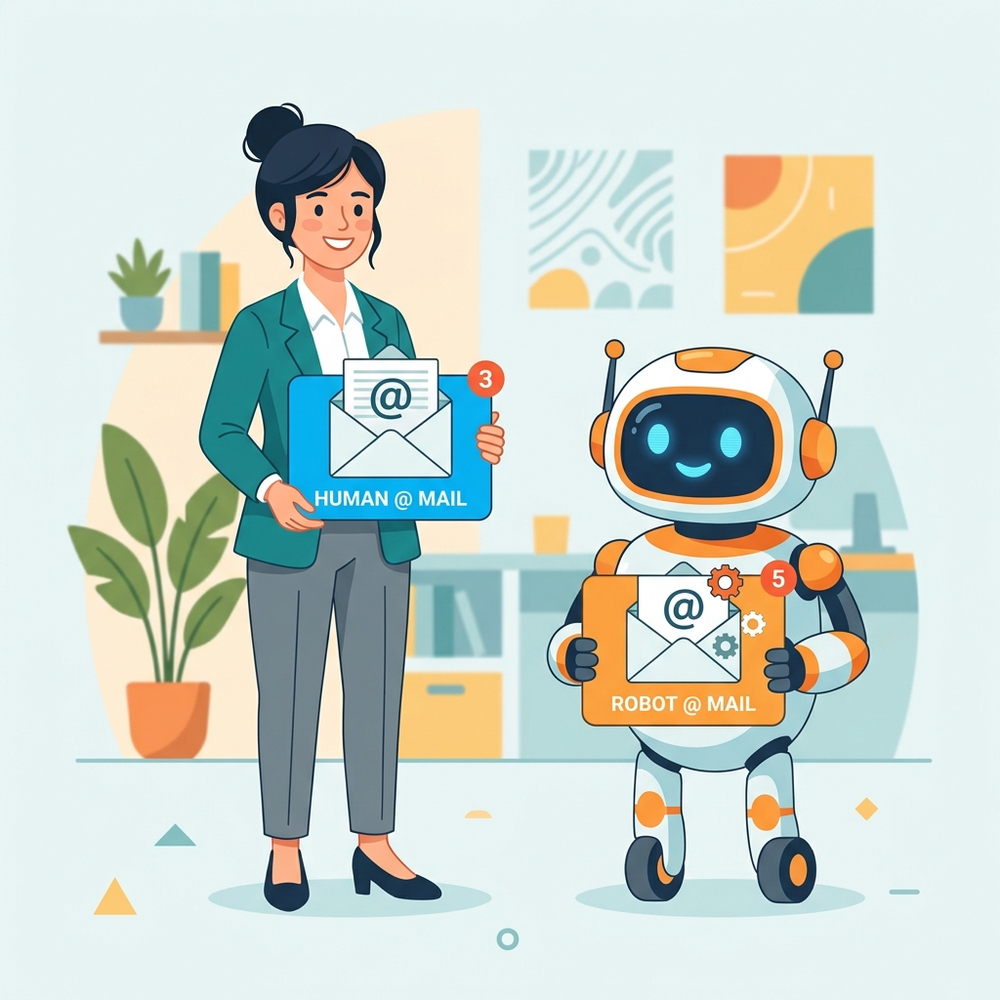 Illustration of a human professional and a robot assistant, each with their own distinct email inbox