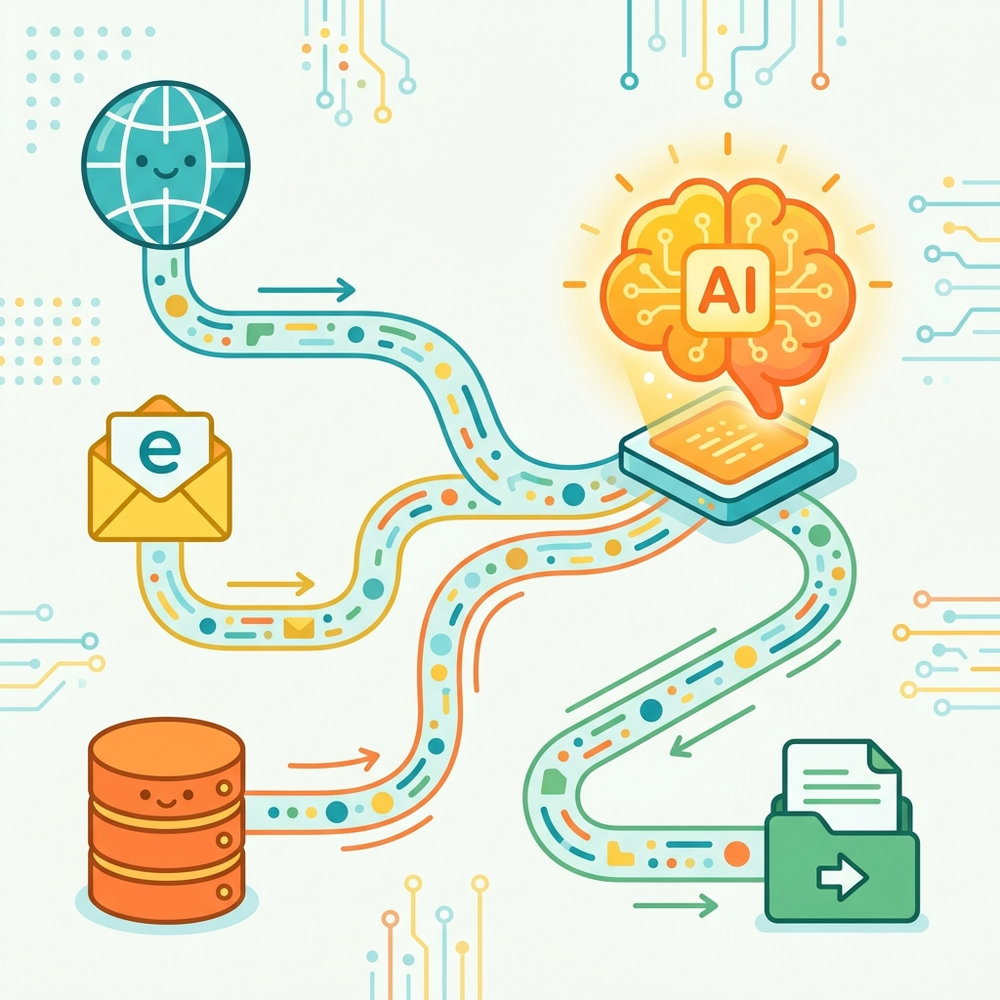 Conceptual diagram showing Web, Work, Fabric, and Foundry IQ data pipelines flowing into a central AI node