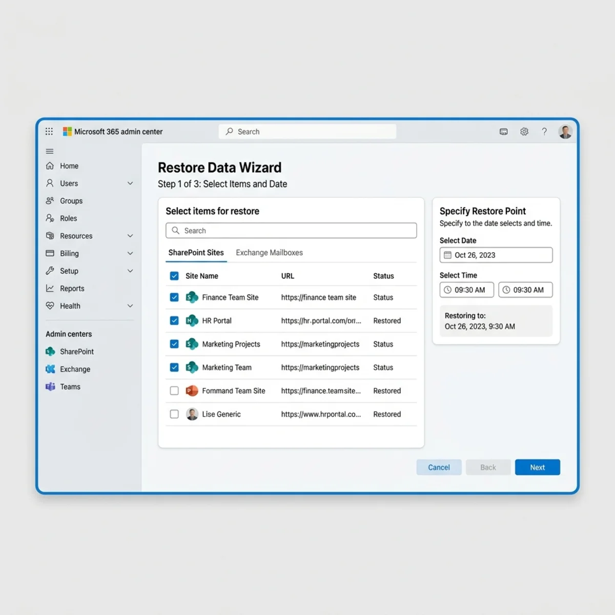 Mock screenshot of the Microsoft 365 Admin Center Restore Wizard