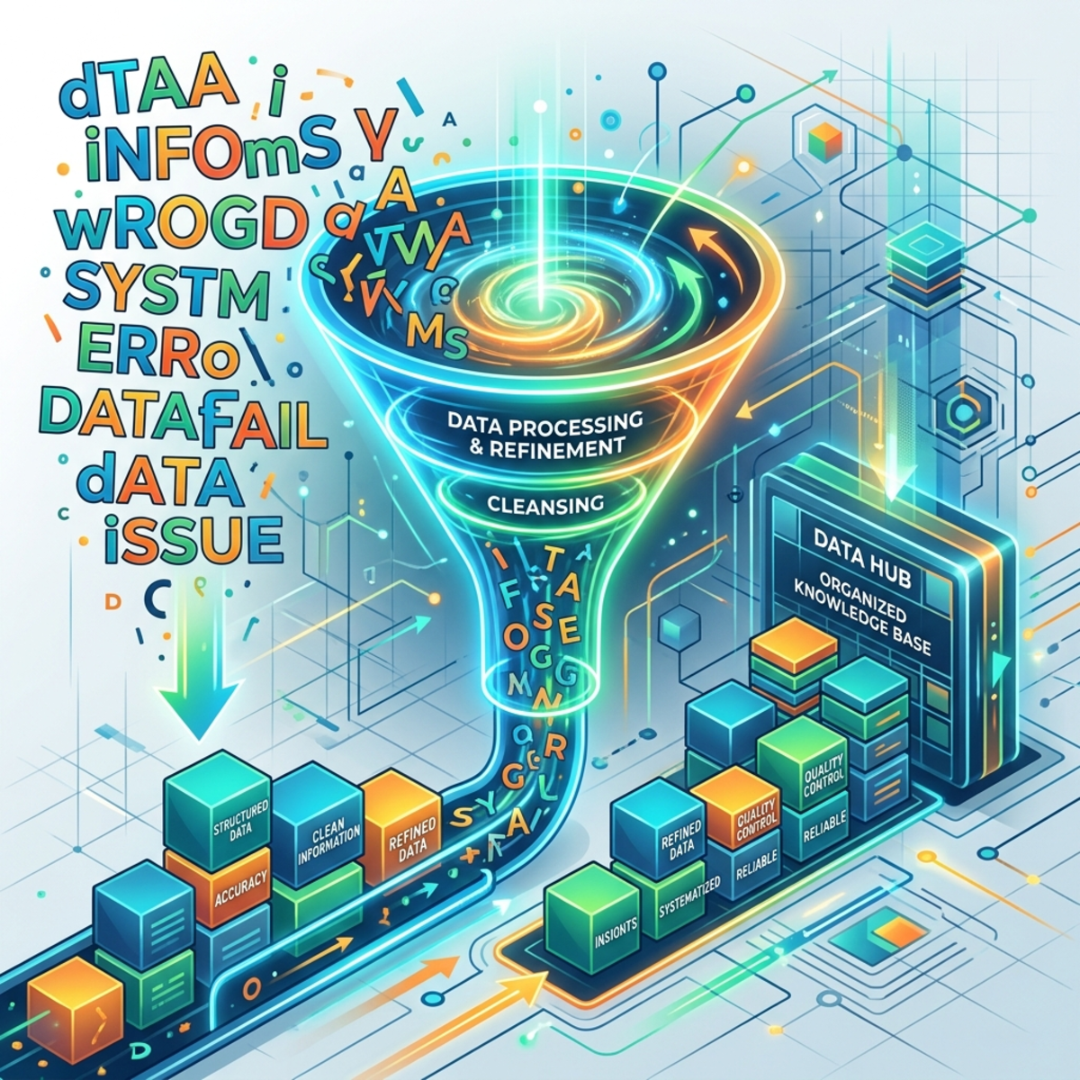 Conceptual illustration showing chaotic misspelled letters entering a funnel and exiting as neatly organized blocks