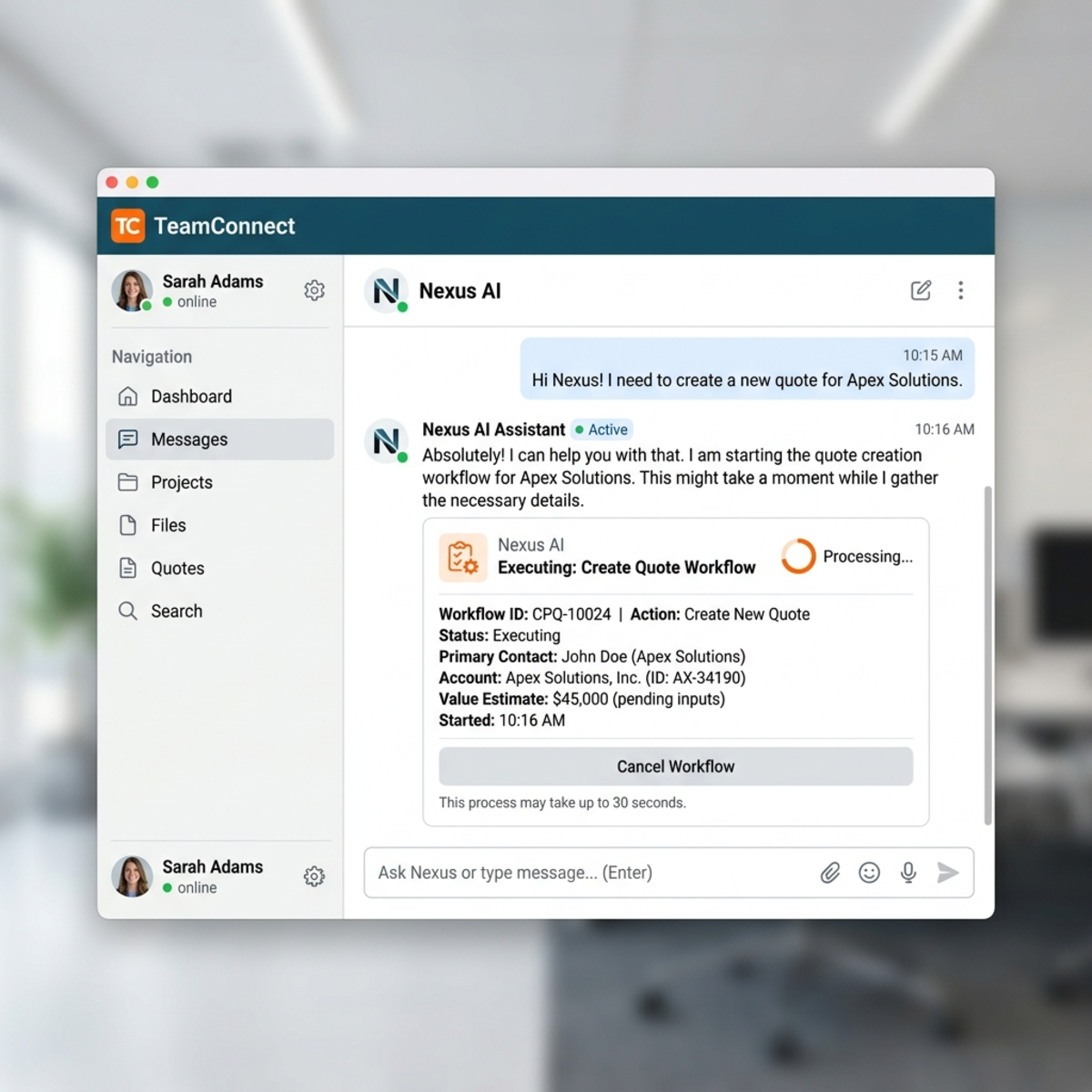 Mock screenshot of an enterprise chat interface showing an AI assistant executing a Quote Creation Workflow