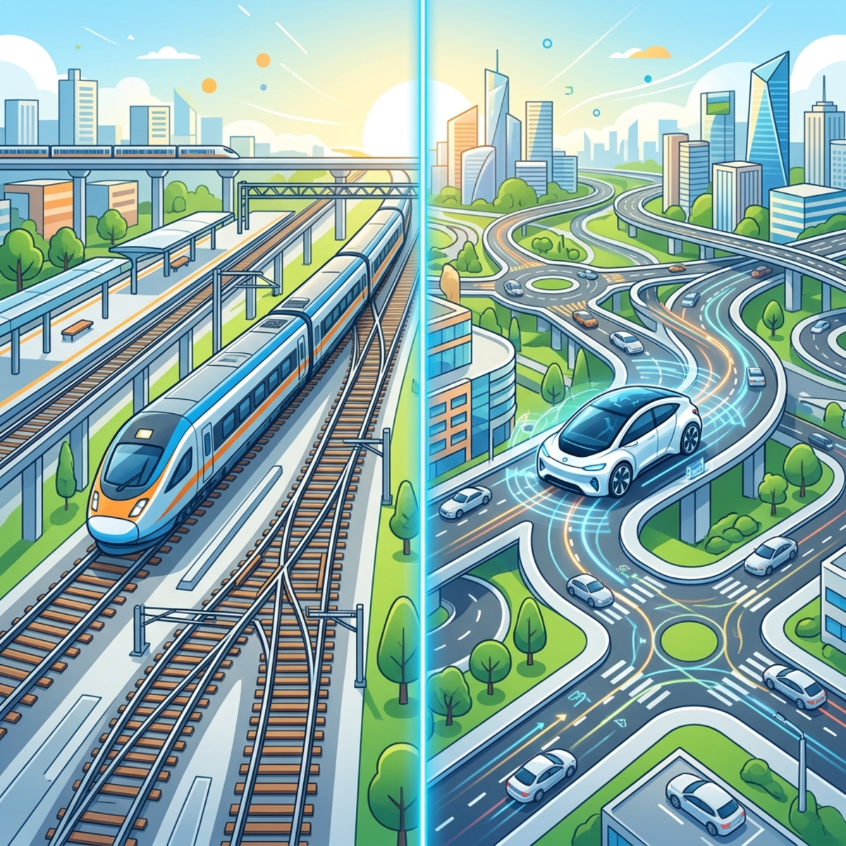 Conceptual illustration of a train on a railway representing workflows versus a car on a dynamic road network representing agents