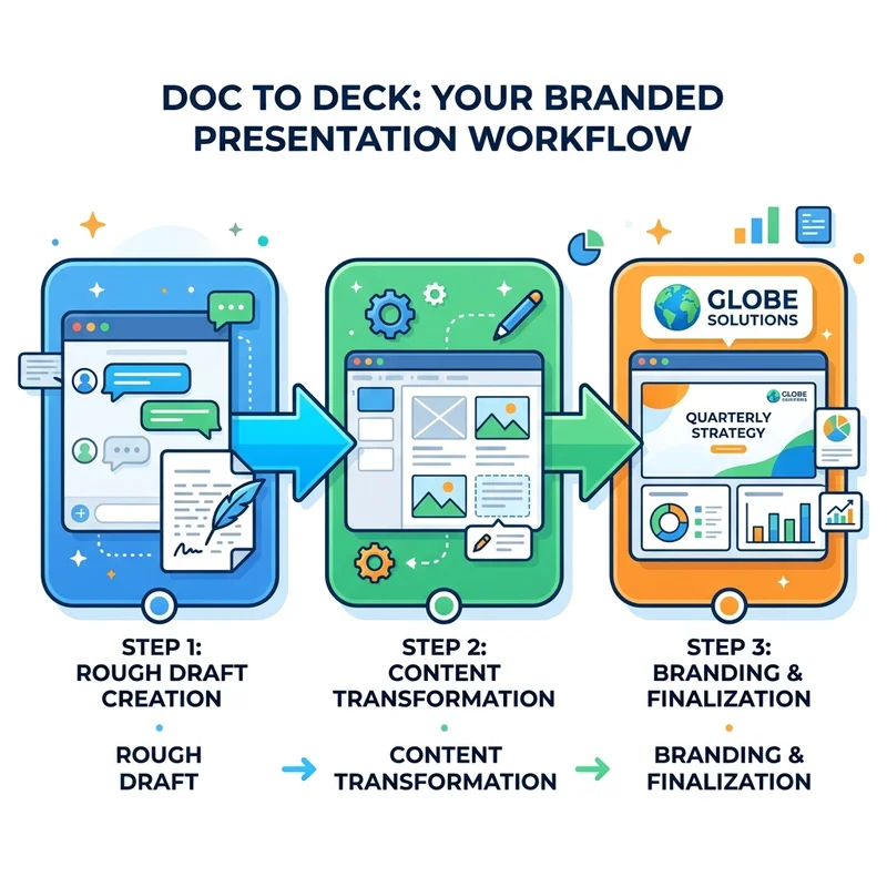 Doc to Deck workflow: Rough draft creation, Content transformation, Branding & Finalization