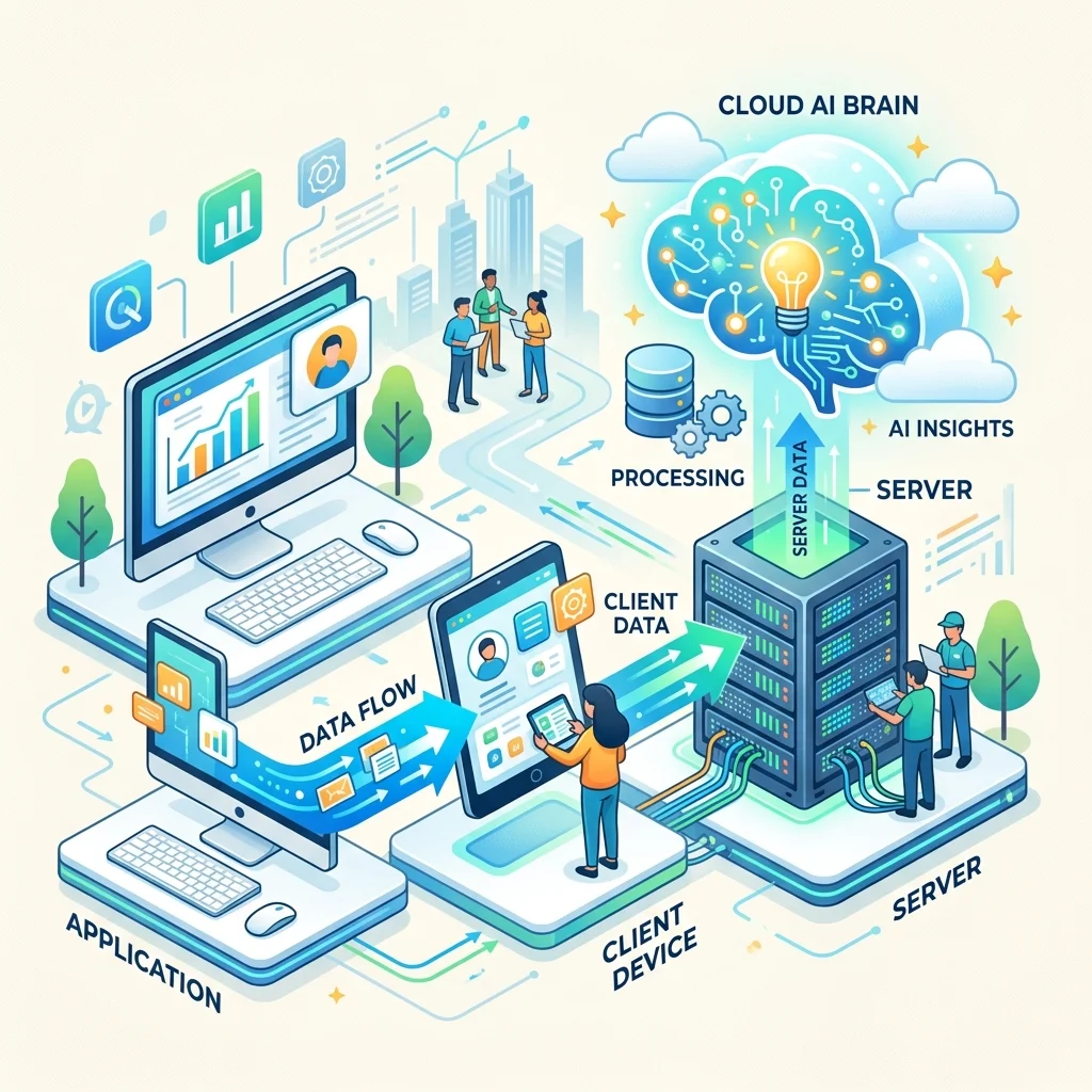 Architecture flow showing data from an application to a client, then to a server, and finally to a cloud AI brain