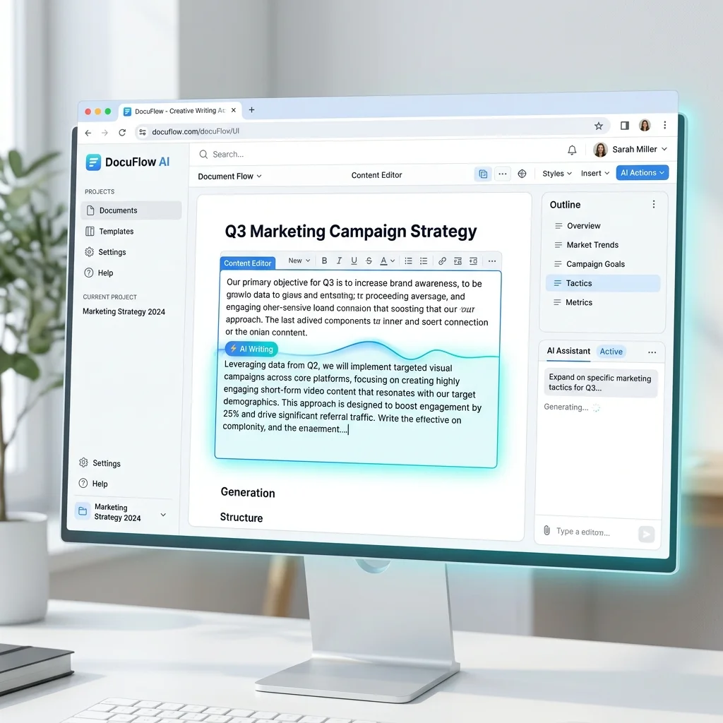 A clean, modern mockup of a web application UI showing a document canvas with an AI assistant writing directly into the text editor