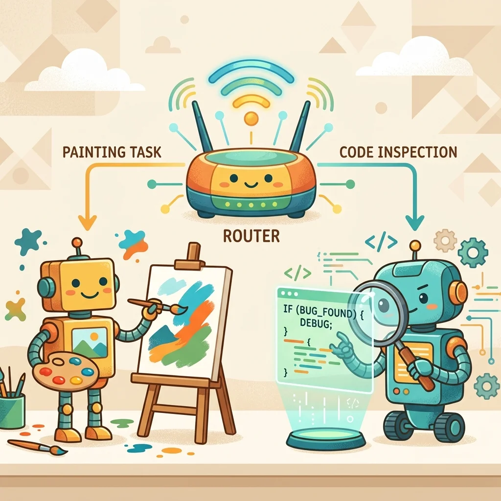 A central router directing tasks to two different specialized robot assistants