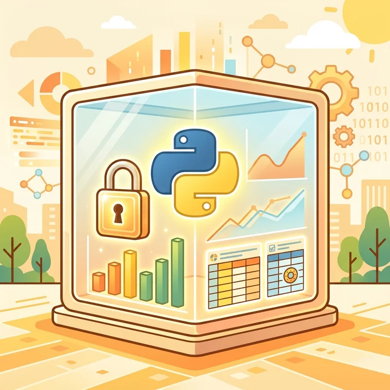 A secure glass box containing a Python logo, charts, and spreadsheets representing the code interpreter sandbox.