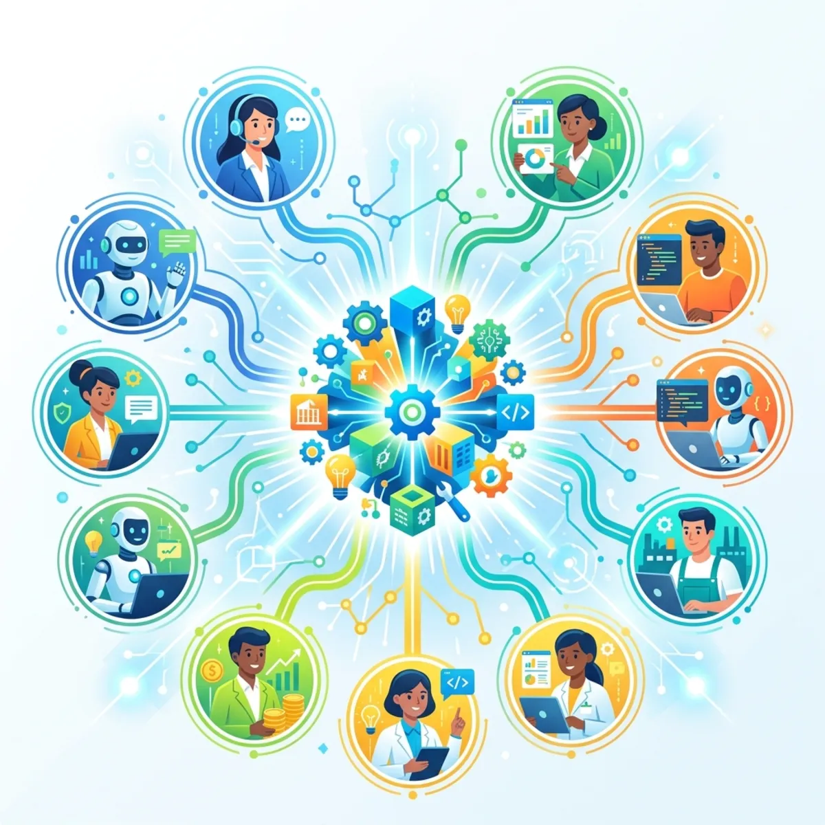 An abstract infographic illustrating a centralized toolkit radiating connections to multiple independent AI agent avatars.