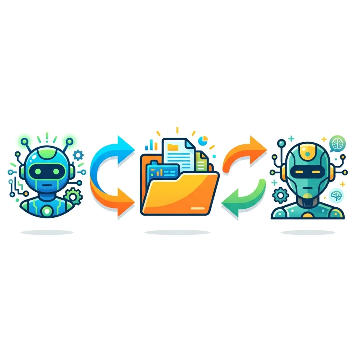 A flat vector diagram showing the 'Chicken vs. Egg' workflow: An AI agent passing a topic into a central component collection folder, which is then distributed to a new AI agent.