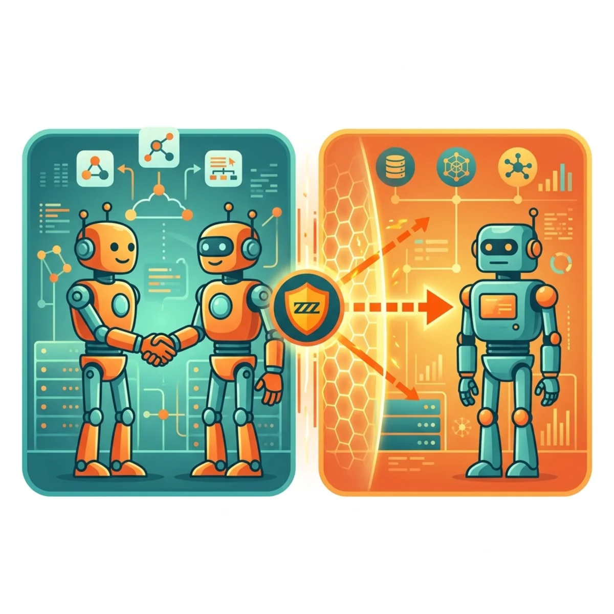 A flat vector diagram showing two separate cloud environments, with a glowing security shield blocking an attempted connection between robots in different zones, illustrating the same-environment boundary.