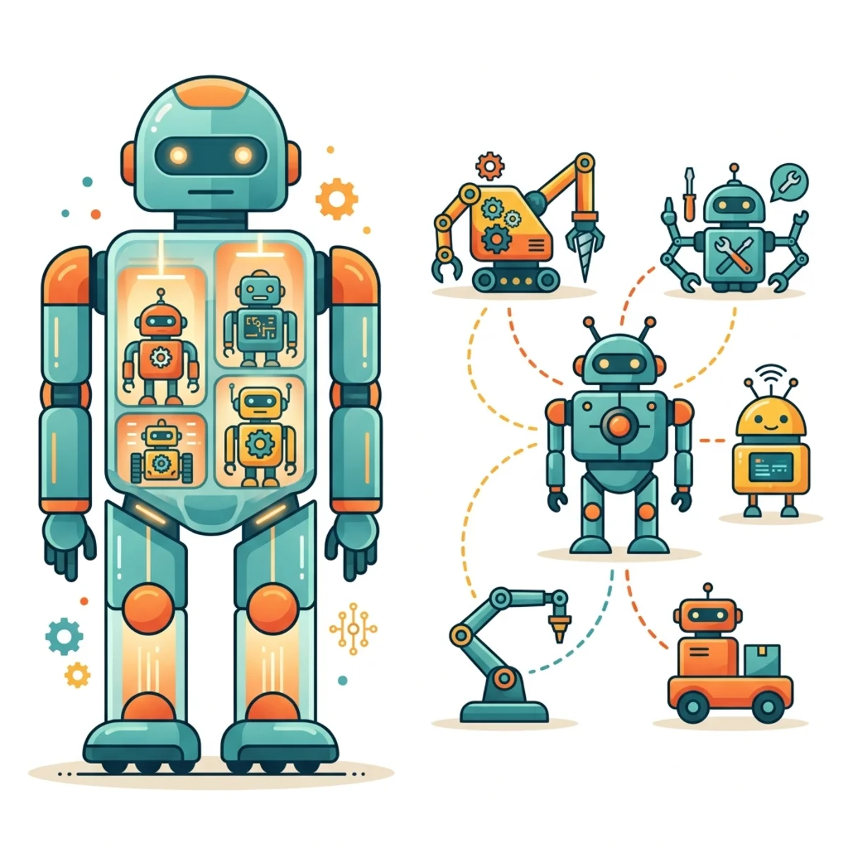 A flat vector diagram comparing a single large robot containing nested internal modules (child agents) versus a central orchestrator connecting to independent specialist services (connected agents).