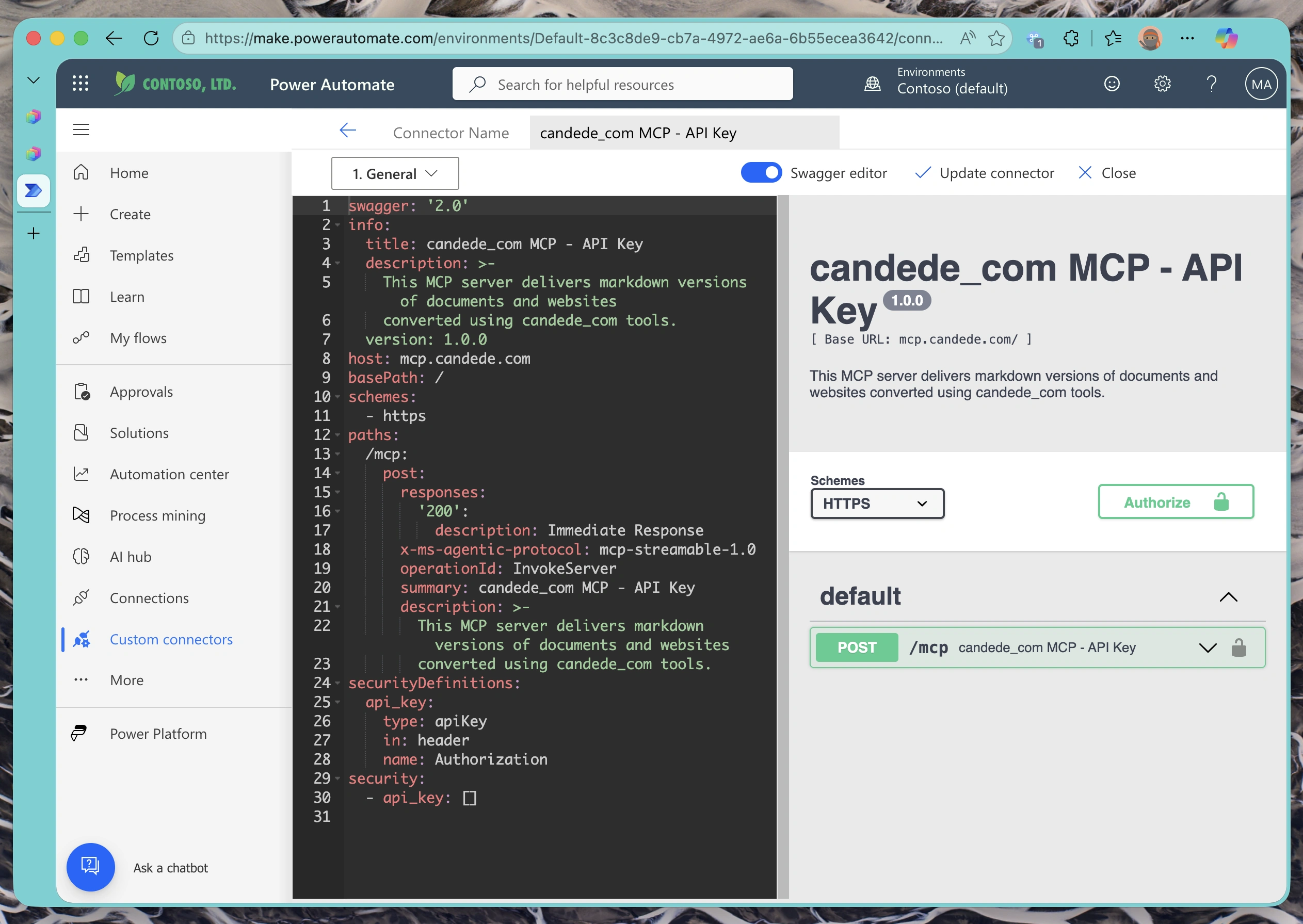 Swagger/OpenAPI configuration of the auto-generated custom connector