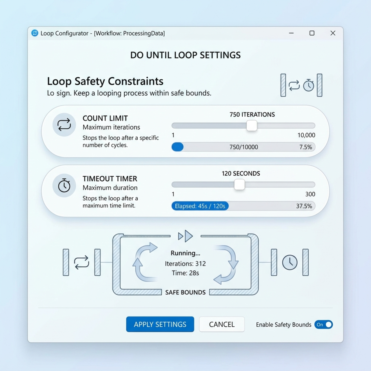 The Do until condition row alongside the limit settings sidebar showing Count and Timeout.