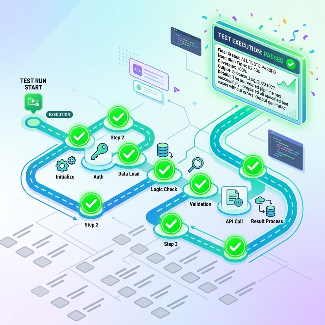 The Test panel run trace with each node green, the loop expanded to show per-iteration runs, and the final aggregated string in the output.
