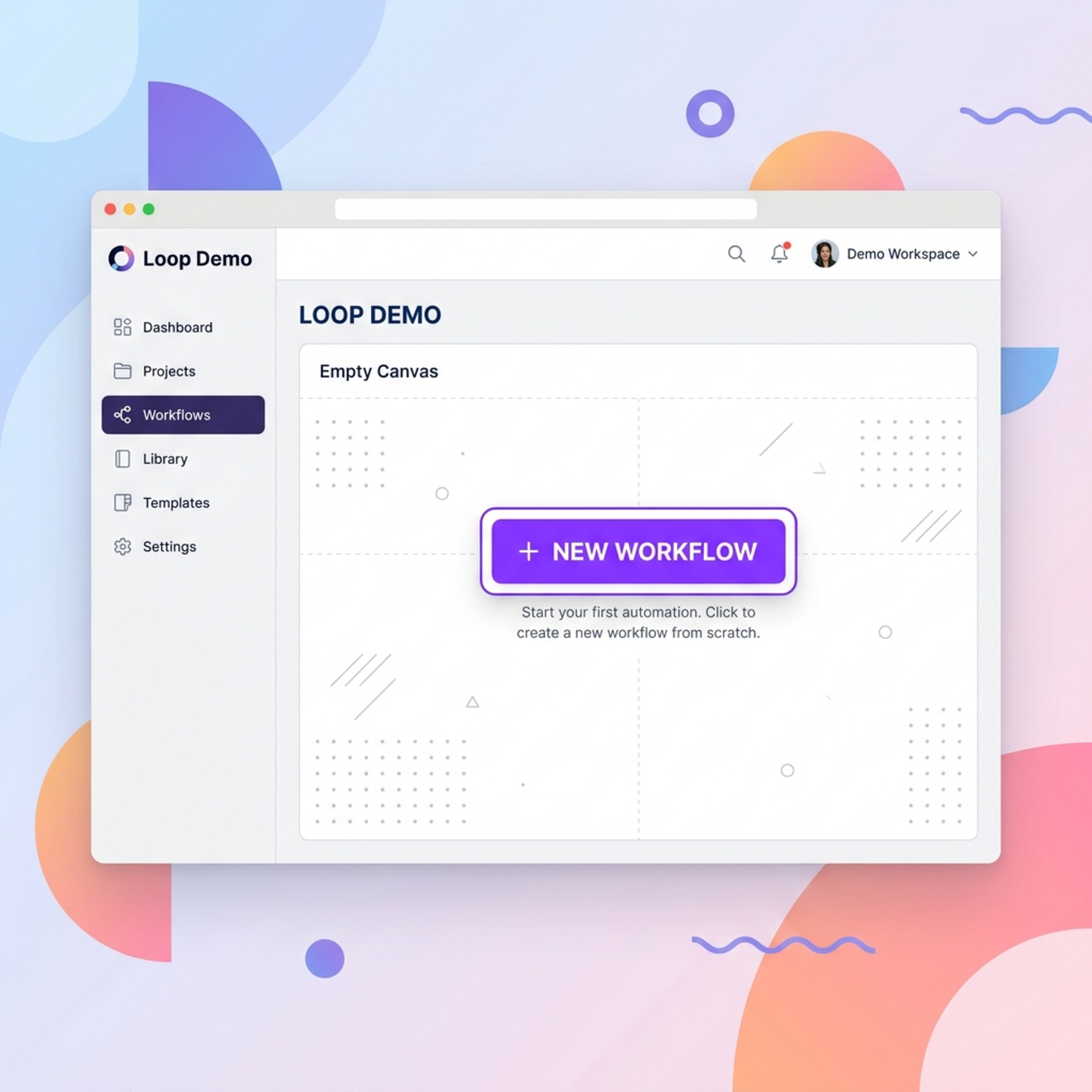 The Workflows page with the "New workflow" button highlighted, plus the renamed "Loop Demo" canvas.