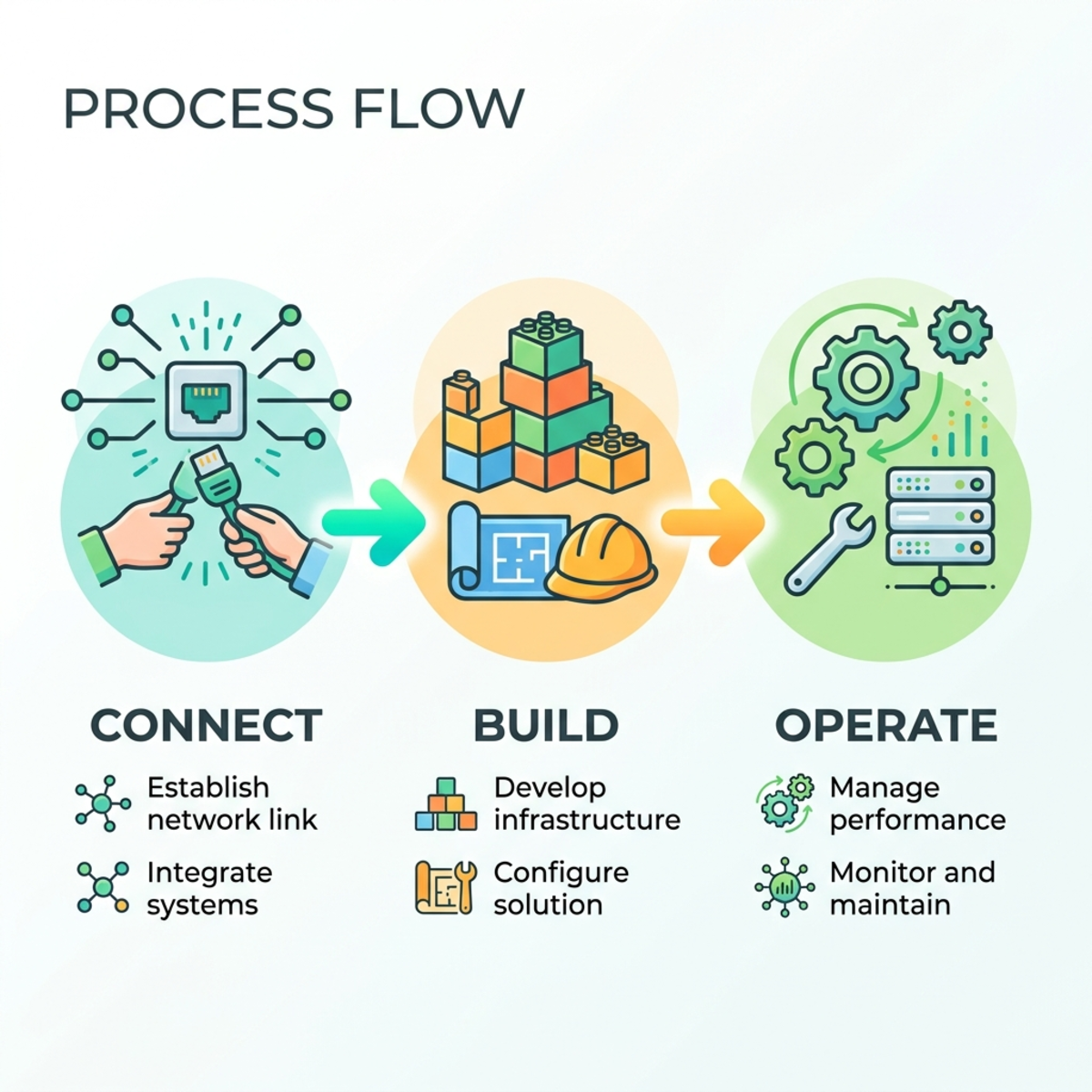 Process flow diagram showing three sequential stages: Connect, Build, and Operate.