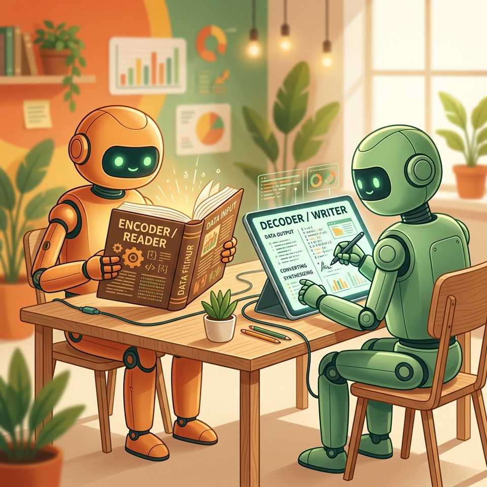 Conceptual illustration of a reading robot and a writing robot