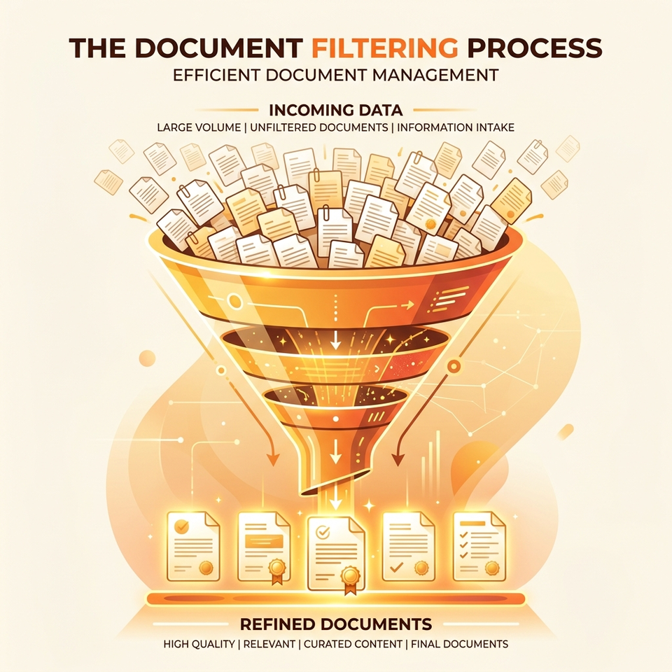 Infographic illustration of a document filtering funnel