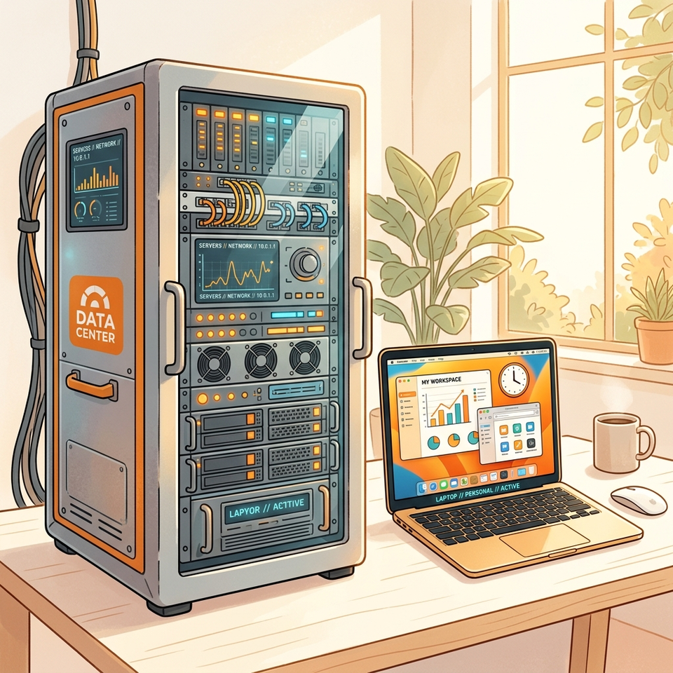 Conceptual illustration comparing a heavy-duty server rack to a consumer laptop