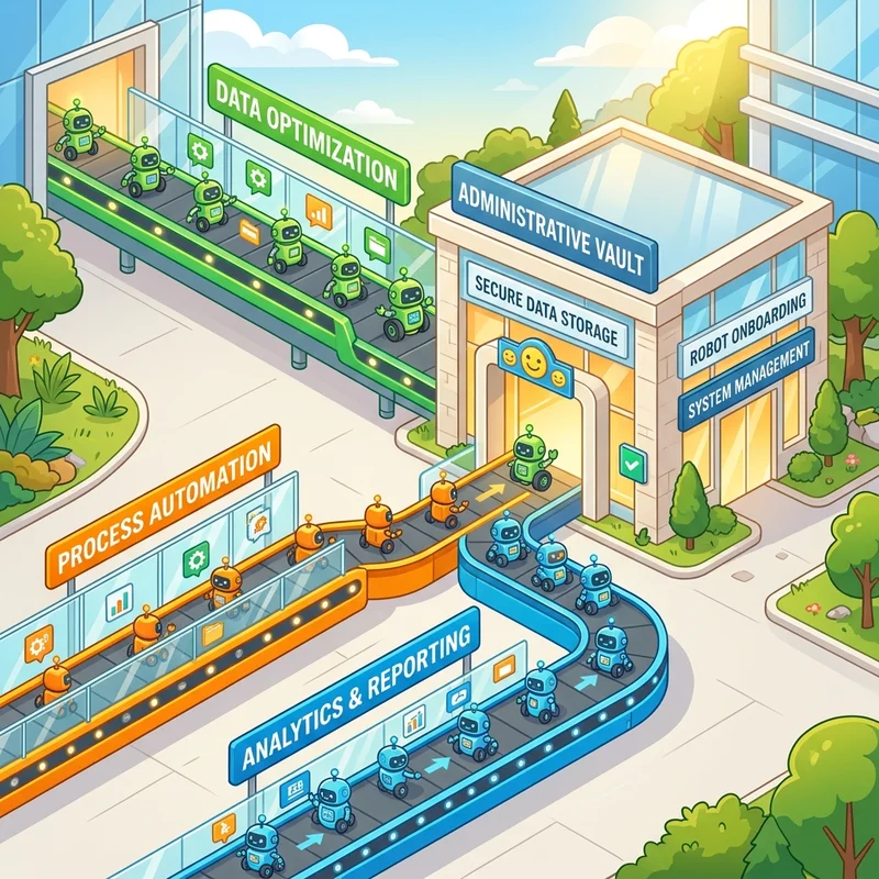 Infographic showing conveyor belts carrying robot agents from different origin points into a central administrative vault