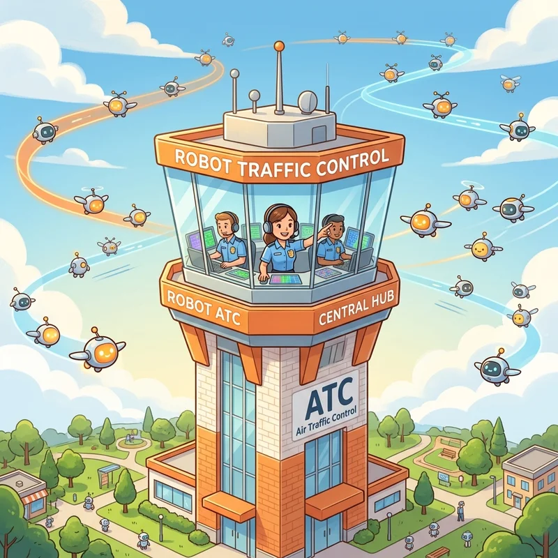 Illustration of an air traffic control tower managing cute robot AI agents instead of airplanes