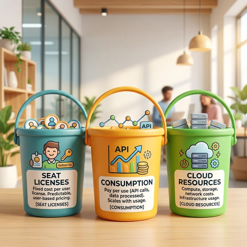Three colorful 3D buckets representing seat licenses, consumption, and cloud resources for AI agents