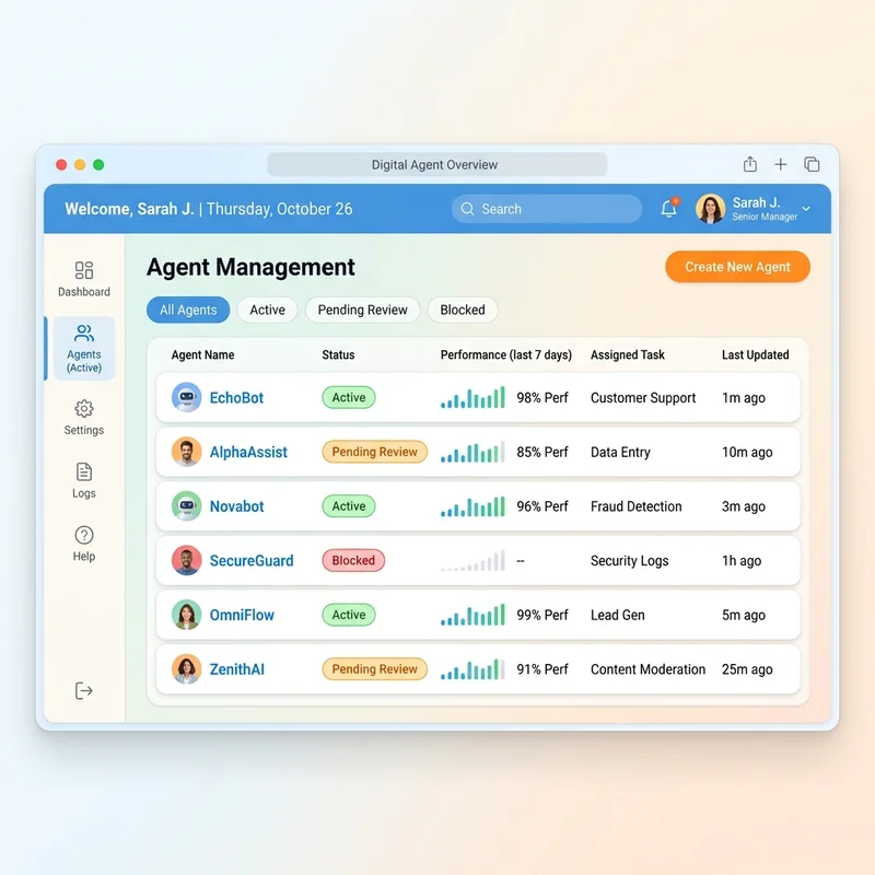 Mockup of a clean corporate dashboard showing a list of digital agents with active and pending statuses
