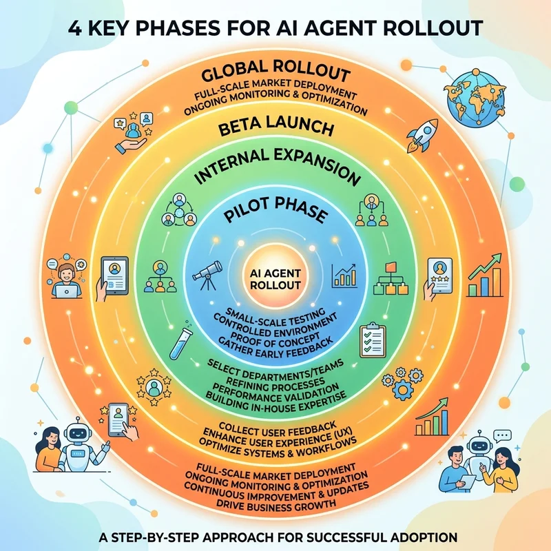 Infographic of glowing concentric circles showing the four rollout phases for AI agents