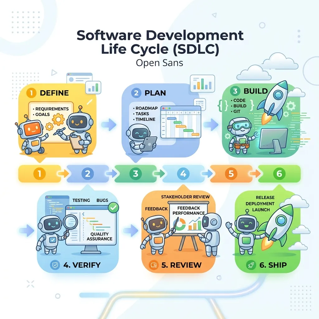 Conceptual flow chart illustrating the 6-step AI-assisted SDLC pipeline: Define, Plan, Build, Verify, Review, and Ship