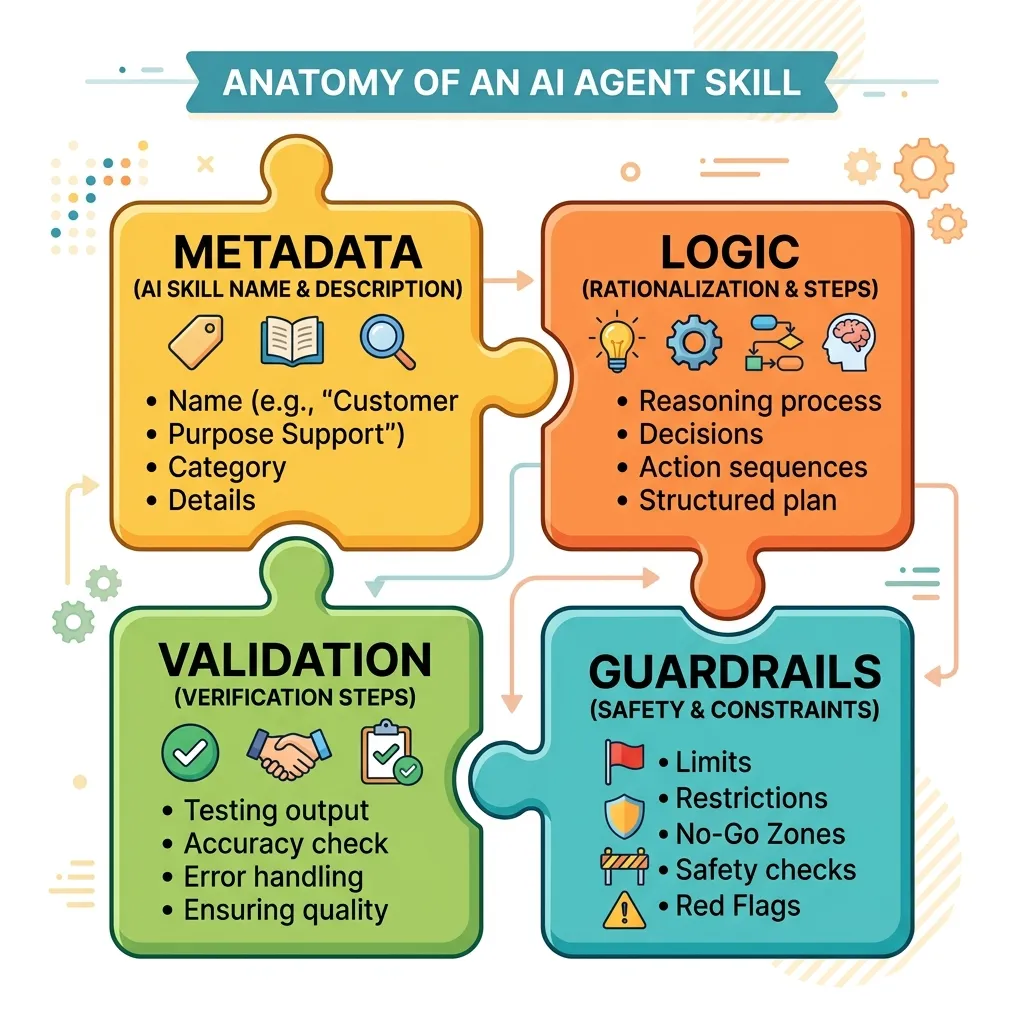 Conceptual illustration showing the anatomy of an AI Agent Skill (Metadata, Logic, Guardrails, Validation)