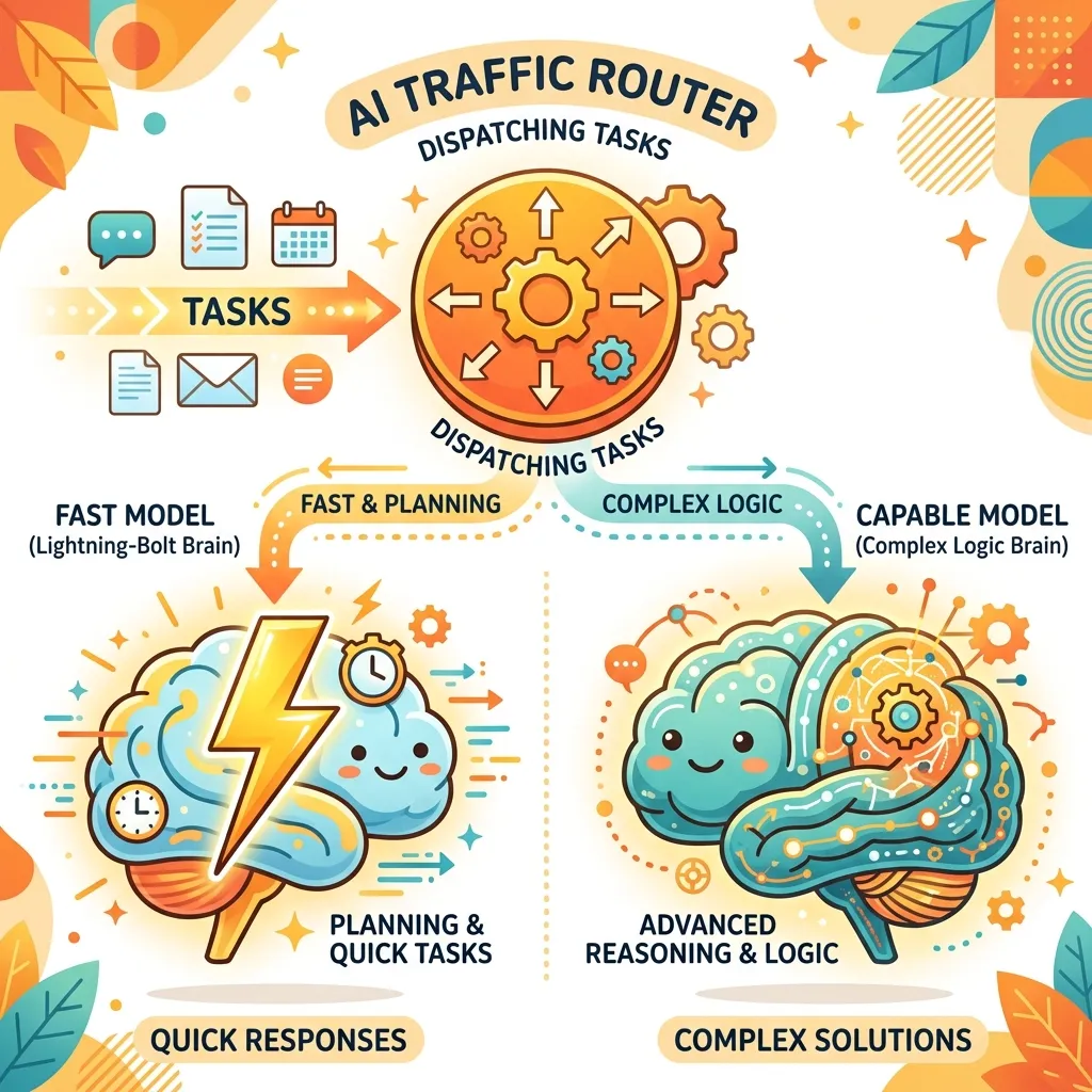 Conceptual diagram of an AI traffic router dispatching quick tasks to a fast model and complex reasoning to a highly capable model