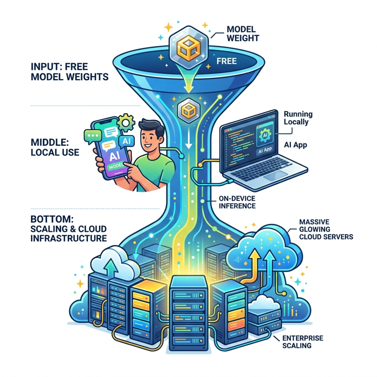 A funnel showing free model weights leading to local usage and eventually enterprise scaling on Google Cloud.