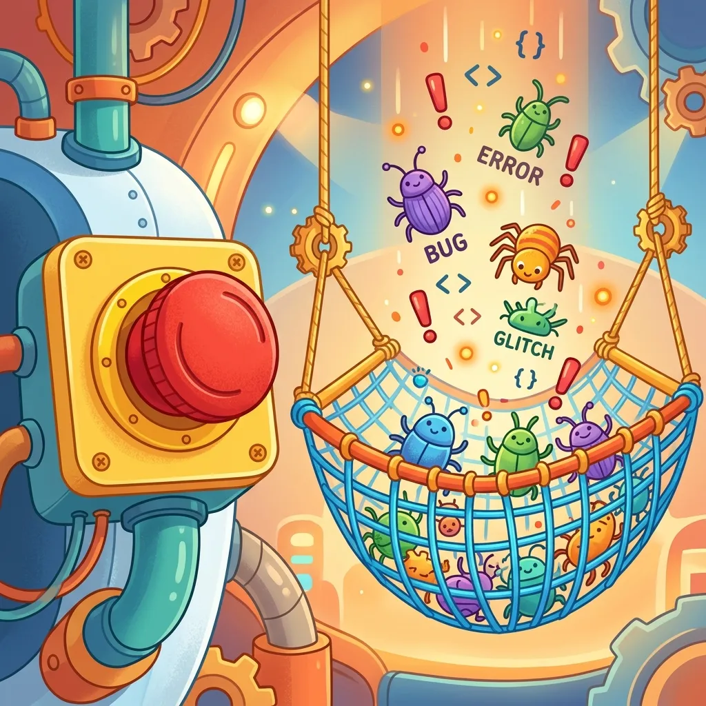Illustration of a safety net catching bugs and an emergency stop button