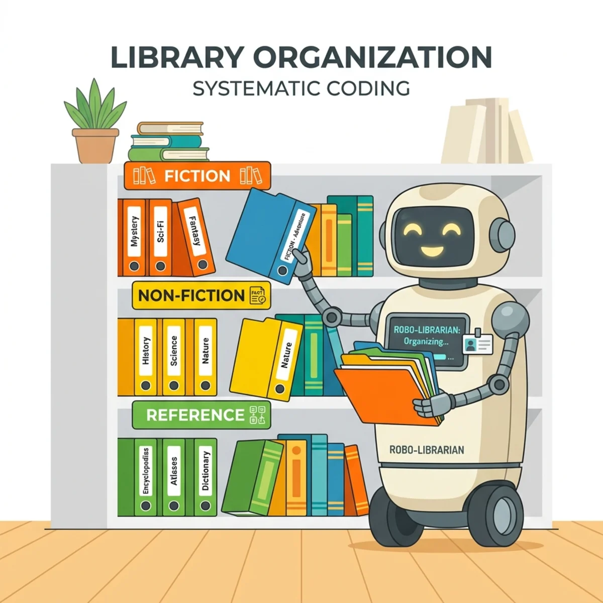 Illustration of a robotic librarian curating a skill library